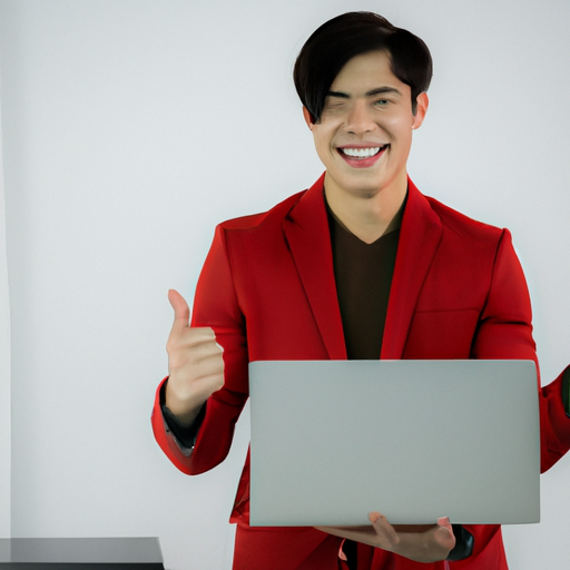 תמונה של איש עסקים מסתכל על מחשב נייד ומחייך, מרמז על הצלחה ושביעות רצון ממשרד הפרסום הדיגיטלי שלו.