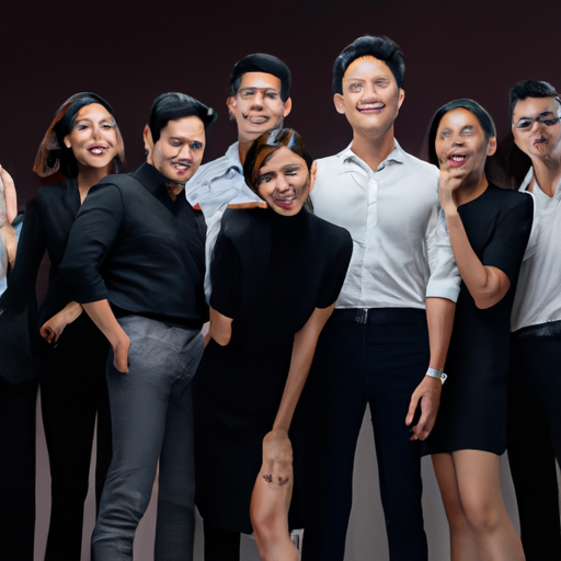 תמונה קבוצתית של צוות משרד הפרסום ABC, לבוש בלבוש עסקי חכם, נראה נרגש ומוכן לעבודה.