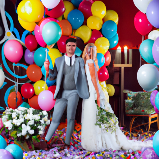 תמונה של זוג בסביבת חתונה מוקפת במגוון בלונים צבעוניים