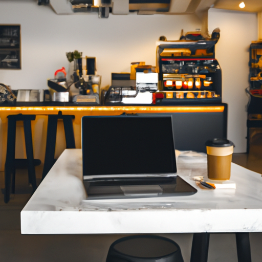 תמונה של בית קפה עם מחשב נייד פתוח על הדלפק