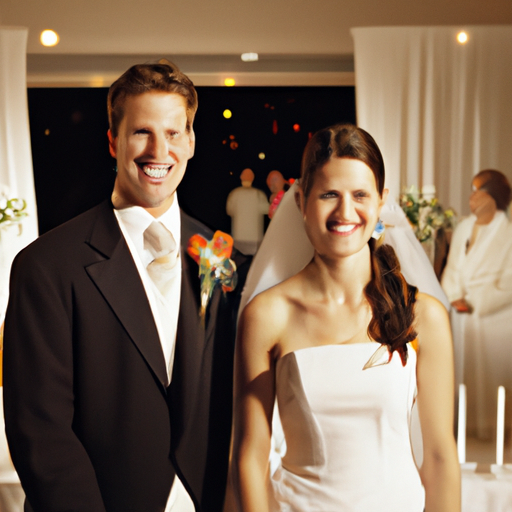 תמונה של קבלת פנים לחתונה עם חתן וכלה, גם מחייכים וגם מביטים לכיוון המצלמה