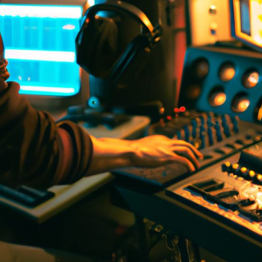 צילום תקריב של טכנאי אולפן הקלטות בעבודה באולפן הקלטות מקצועי